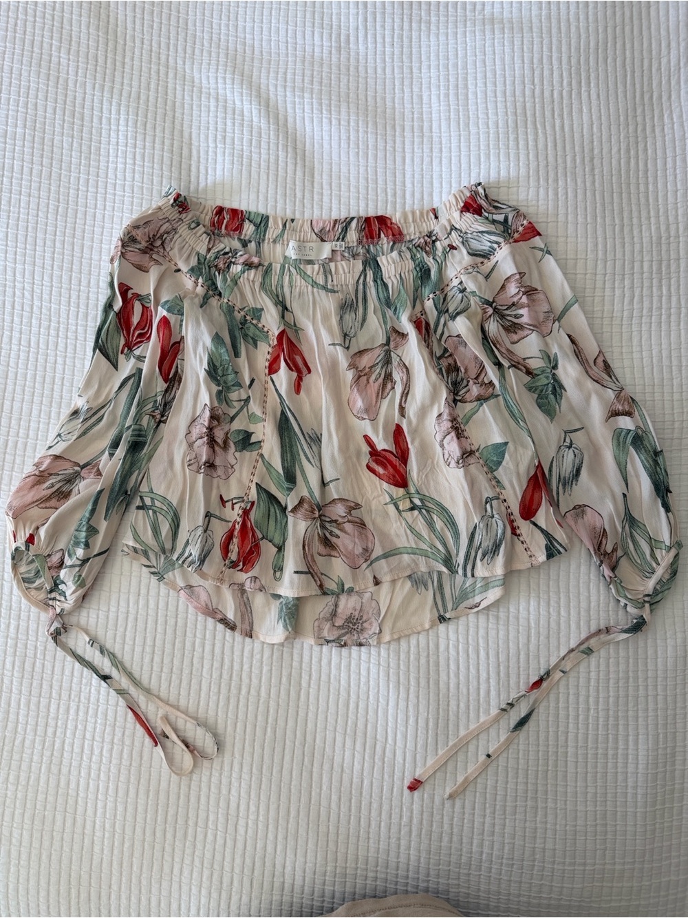 Astr Floral Off-Shoulder Top in Cream, Pink & Green
